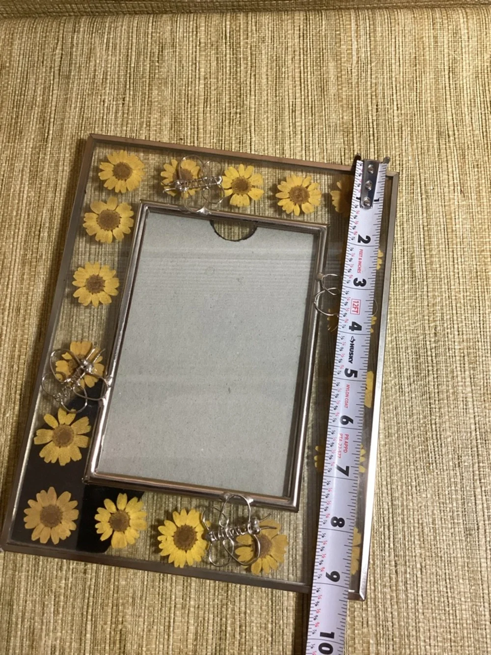 Pressed Sunflower in Glass Photo Frame with Silver Accents of Butterflies